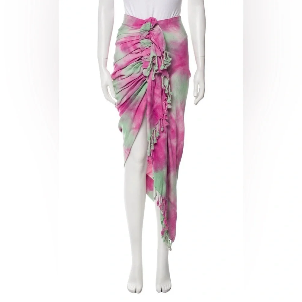 Just Bee Queen Tie Dye Sarong Skirt XS Pink Green Fringe Wrap